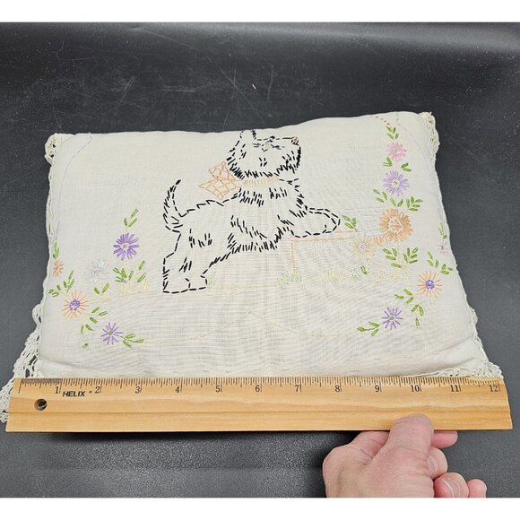 Vintage Hand Embroidered Scottish Terrier Scottie Dog Toss Pillow 12x8" Lace - Picture 10 of 11